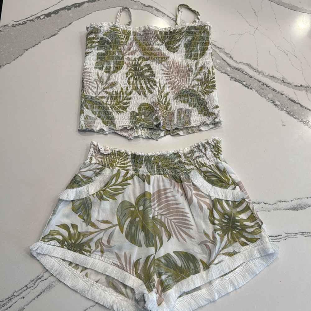 Vintage Havana Sage Khaki Tropical Leaf Smocked Tube & Fringe Short Set M 10/11